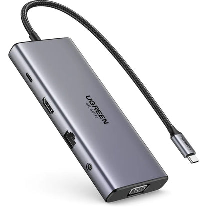 Hub USB-C UGREEN CM639 (45520), 2 x USB-A 3.2 - 3 x USB-C - 1 x HDMI - 1 x VGA - 1 x Jack 3.5mm - 1 x RJ45 - 1 x SD - 1 x microSD, Gri