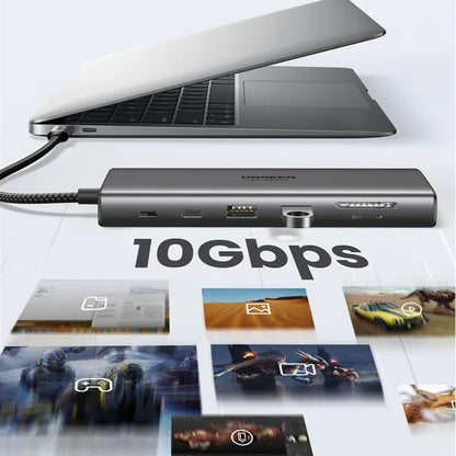 Hub USB-C UGREEN CM639 (45520), 2 x USB-A 3.2 - 3 x USB-C - 1 x HDMI - 1 x VGA - 1 x Jack 3.5mm - 1 x RJ45 - 1 x SD - 1 x microSD, Gri