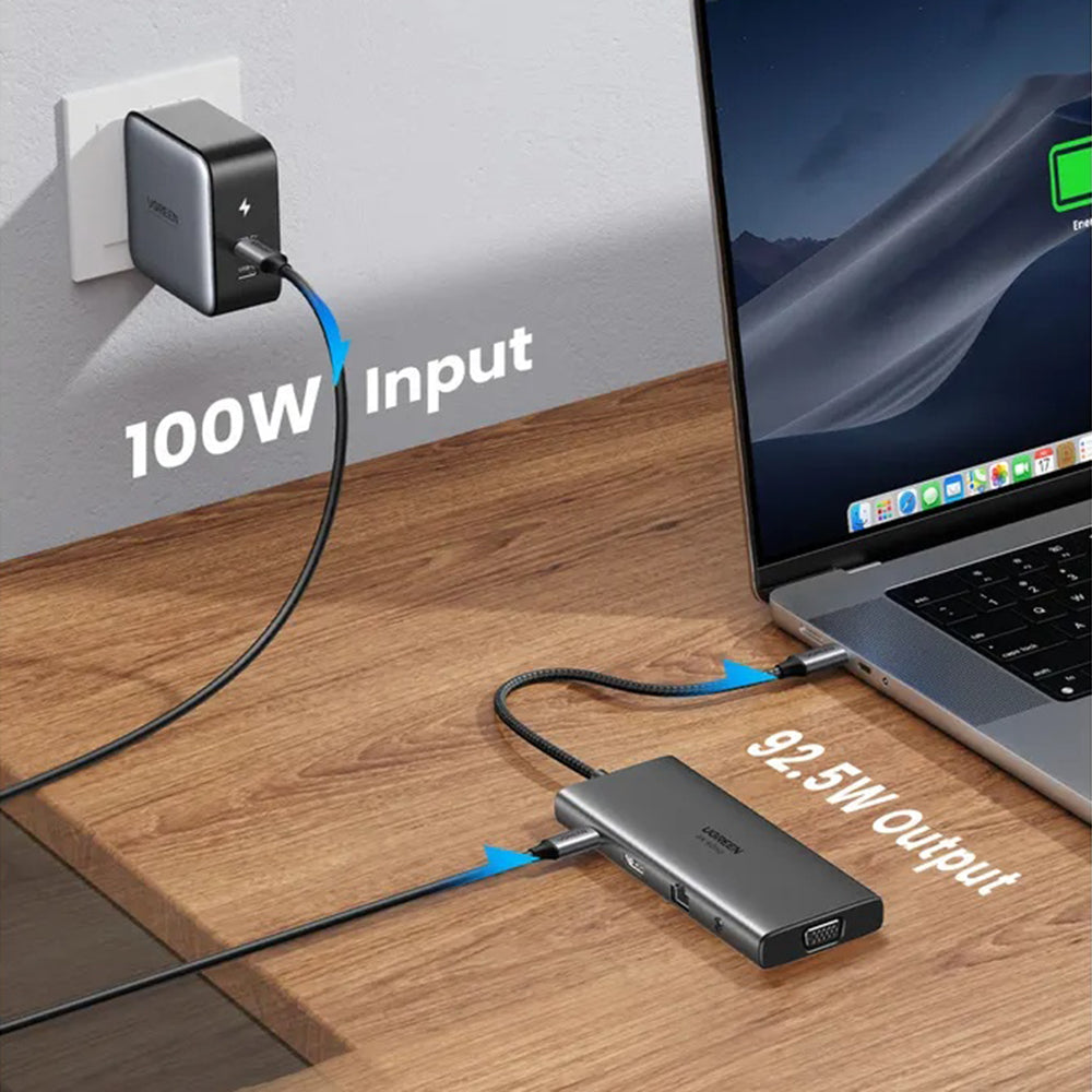 Hub USB-C UGREEN CM639 (45520), 2 x USB-A 3.2 - 3 x USB-C - 1 x HDMI - 1 x VGA - 1 x Jack 3.5mm - 1 x RJ45 - 1 x SD - 1 x microSD, Gri
