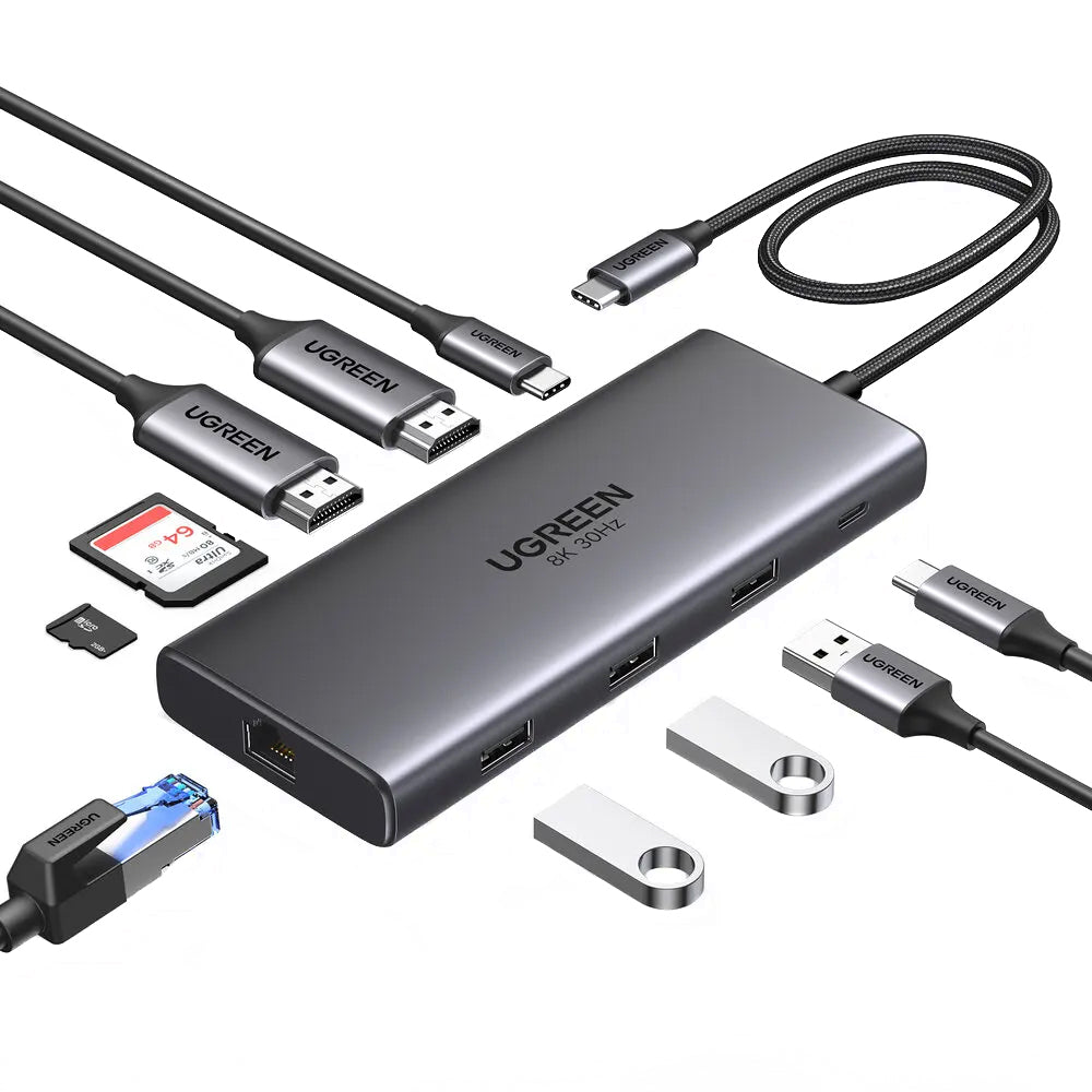 Hub USB-C UGREEN Revodok Pro 210 CM639, 1 x USB-A 3.0 - 2 x USB-A - 2 x USB-C - 2 x HDMI - 1 x RJ45 - 1 x SD - 1 x microSD, Gri