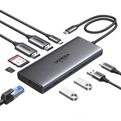 Hub USB-C UGREEN Revodok Pro 210 CM639, 1 x USB-A 3.0 - 2 x USB-A - 2 x USB-C - 2 x HDMI - 1 x RJ45 - 1 x SD - 1 x microSD, Gri