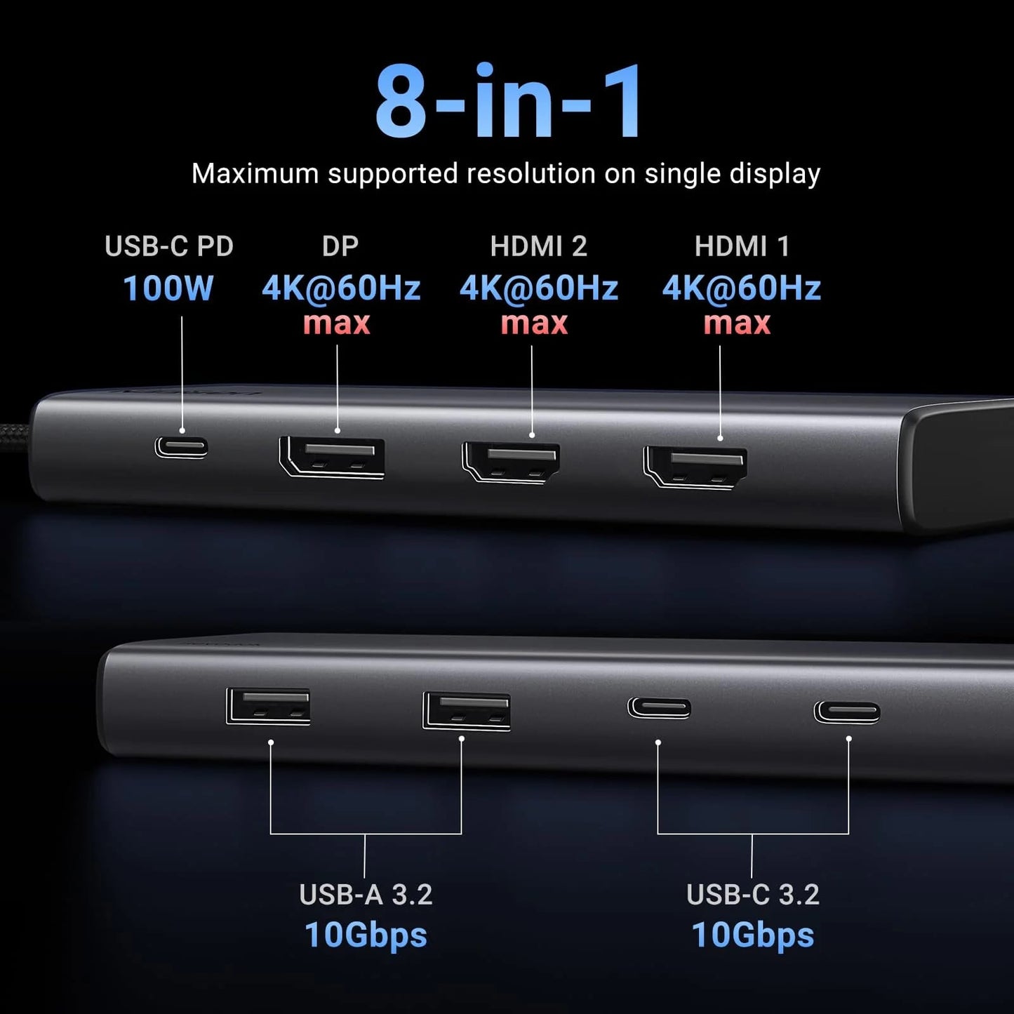 Hub USB-C UGREEN Revodok 308 CM639, 2 x USB-A 3.2 - 3 x USB-C - 1 x Display Port - 2 x HDMI, Gri