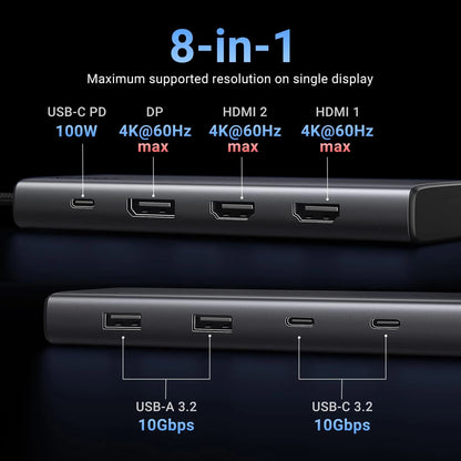 Hub USB-C UGREEN Revodok 308 CM639, 2 x USB-A 3.2 - 3 x USB-C - 1 x Display Port - 2 x HDMI, Gri