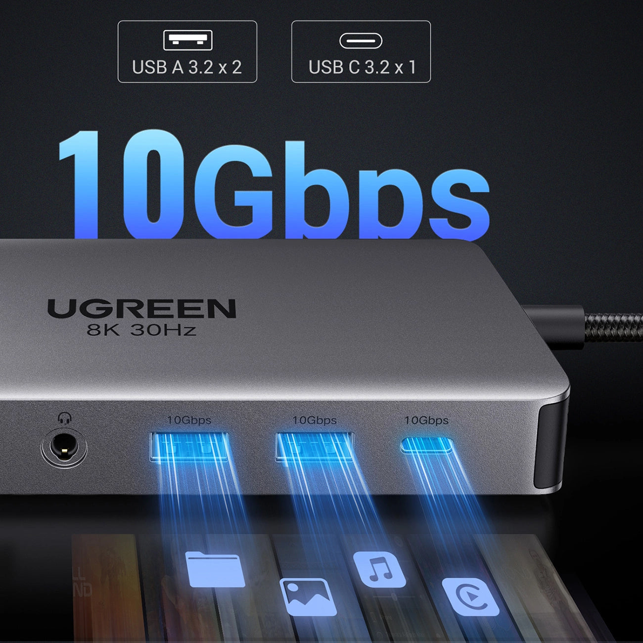 Hub USB-C UGREEN Revodok Pro 313 CM681, 2 x USB-A 3.2 - 1 x USB-A 3.0 - 2 x USB-C - 2 x HDMI - 1 x Jack 3.5mm - 1 x RJ45 - 1 x SD - 1 x microSD, Gri