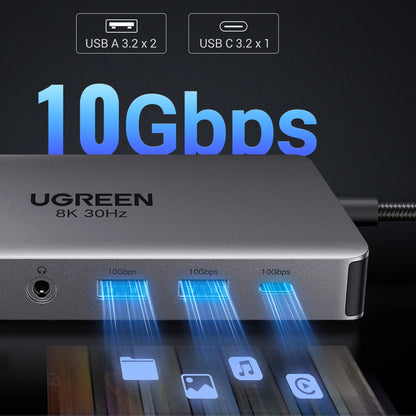 Hub USB-C UGREEN Revodok Pro 313 CM681, 2 x USB-A 3.2 - 1 x USB-A 3.0 - 2 x USB-C - 2 x HDMI - 1 x Jack 3.5mm - 1 x RJ45 - 1 x SD - 1 x microSD, Gri