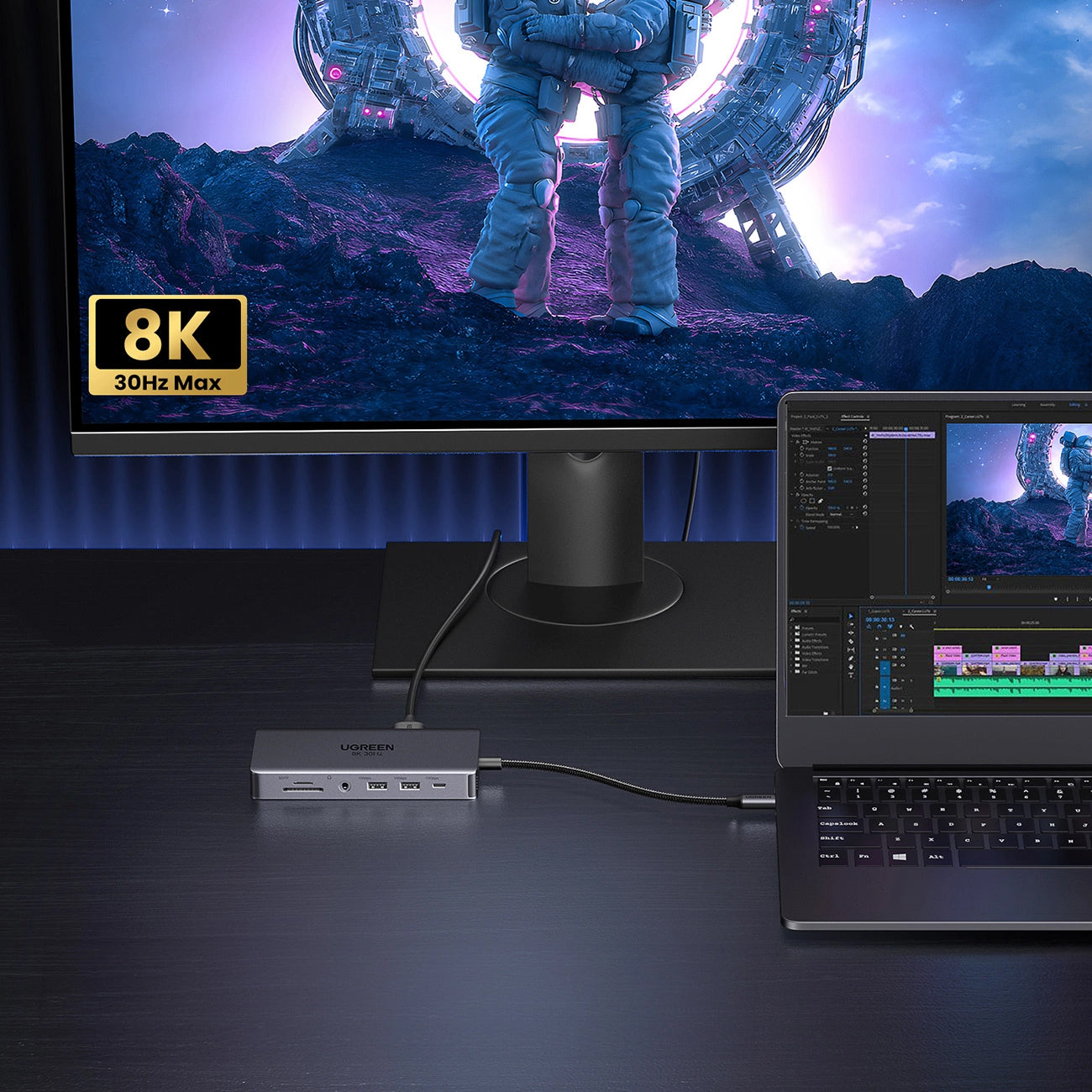 Hub USB-C UGREEN Revodok Pro 313 CM681, 2 x USB-A 3.2 - 1 x USB-A 3.0 - 2 x USB-C - 2 x HDMI - 1 x Jack 3.5mm - 1 x RJ45 - 1 x SD - 1 x microSD, Gri