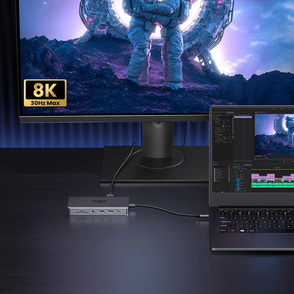 Hub USB-C UGREEN Revodok Pro 313 CM681, 2 x USB-A 3.2 - 1 x USB-A 3.0 - 2 x USB-C - 2 x HDMI - 1 x Jack 3.5mm - 1 x RJ45 - 1 x SD - 1 x microSD, Gri