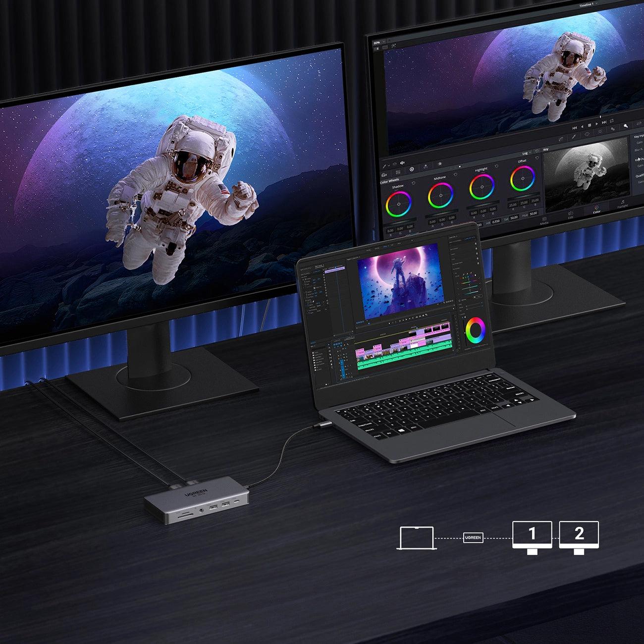 Hub USB-C UGREEN Revodok Pro 313 CM681, 2 x USB-A 3.2 - 1 x USB-A 3.0 - 2 x USB-C - 2 x HDMI - 1 x Jack 3.5mm - 1 x RJ45 - 1 x SD - 1 x microSD, Gri