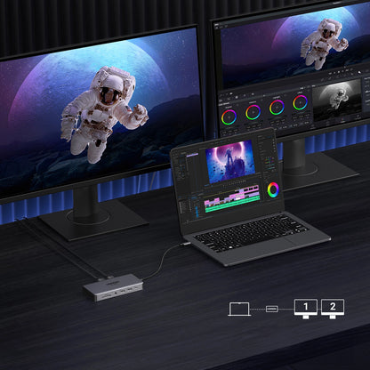 Hub USB-C UGREEN Revodok Pro 313 CM681, 2 x USB-A 3.2 - 1 x USB-A 3.0 - 2 x USB-C - 2 x HDMI - 1 x Jack 3.5mm - 1 x RJ45 - 1 x SD - 1 x microSD, Gri