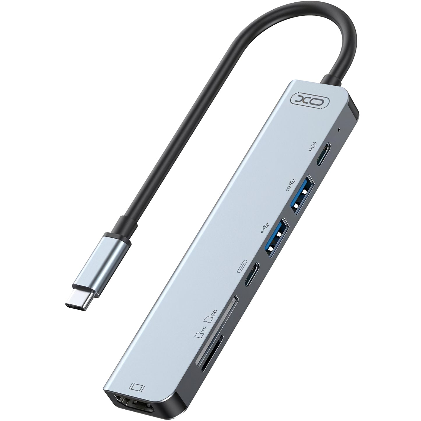 Hub USB-C XO Design HUB008, 2 x USB-A - 2 x USB-C - 1 x HDMI - 1 x SD - 1 x microSD, szary