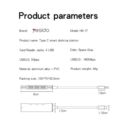 Hub USB-C Yesido HB17, 4in1, Gri