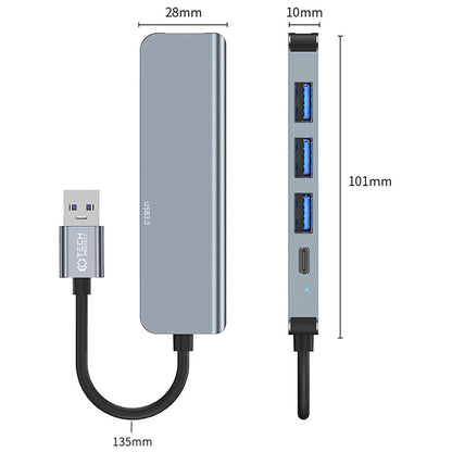 Hub USB Tech-Protect V0, 3 x USB-A 3.0 - 1 x USB-A - 1 x USB-C, Gri