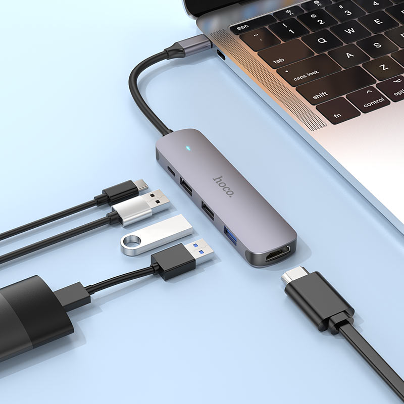 Hub USB-C HOCO HB27, USB-A 3.0 - 2 x USB-A - USB-C - HDMI, Gri