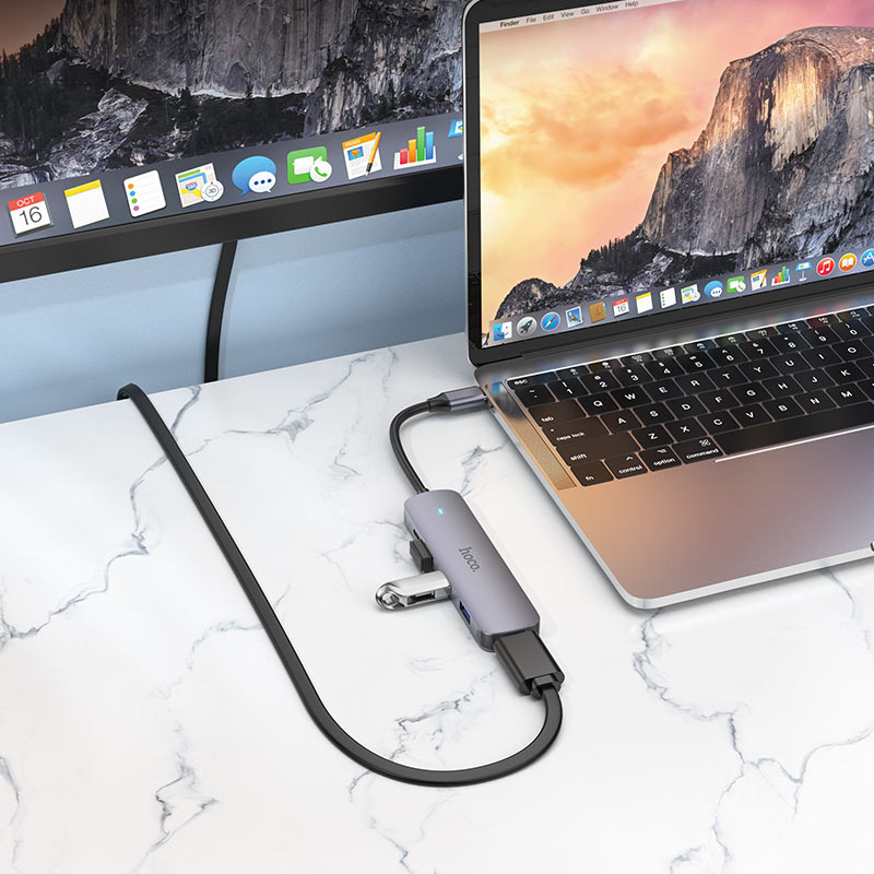 Hub USB-C HOCO HB27, USB-A 3.0 - 2 x USB-A - USB-C - HDMI, Gri