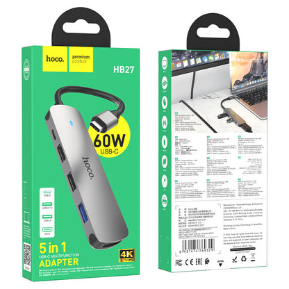 Hub USB-C HOCO HB27, USB-A 3.0 - 2 x USB-A - USB-C - HDMI, Gri