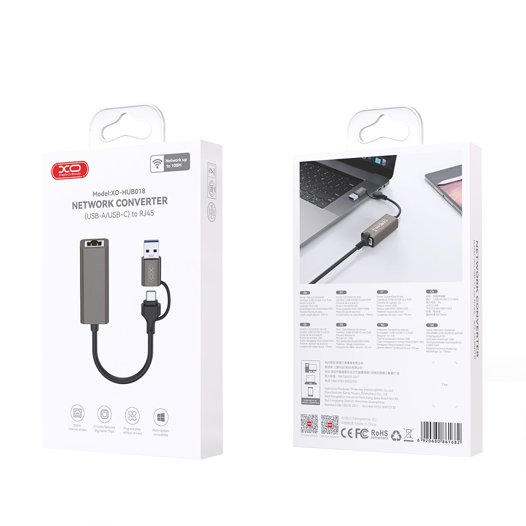 Placa Retea XO Design HUB018, RJ45, USB-C / USB, Gri