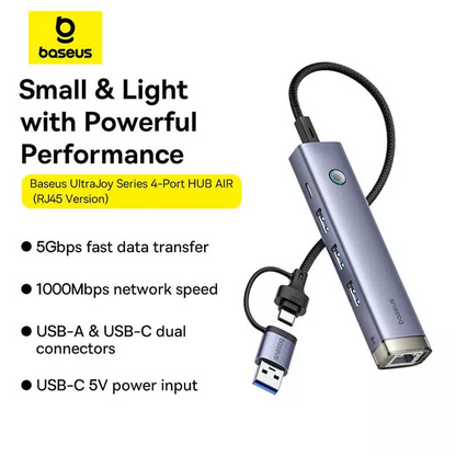 Hub USB / USB-C Baseus UltraJoy, 3 x USB-A 3.0 - 1 x USB-C - 1 x RJ45, Gri B0005280B811-14