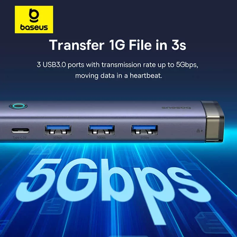 Hub USB / USB-C Baseus UltraJoy, 3 x USB-A 3.0 - 1 x USB-C - 1 x RJ45, Gri B0005280B811-14