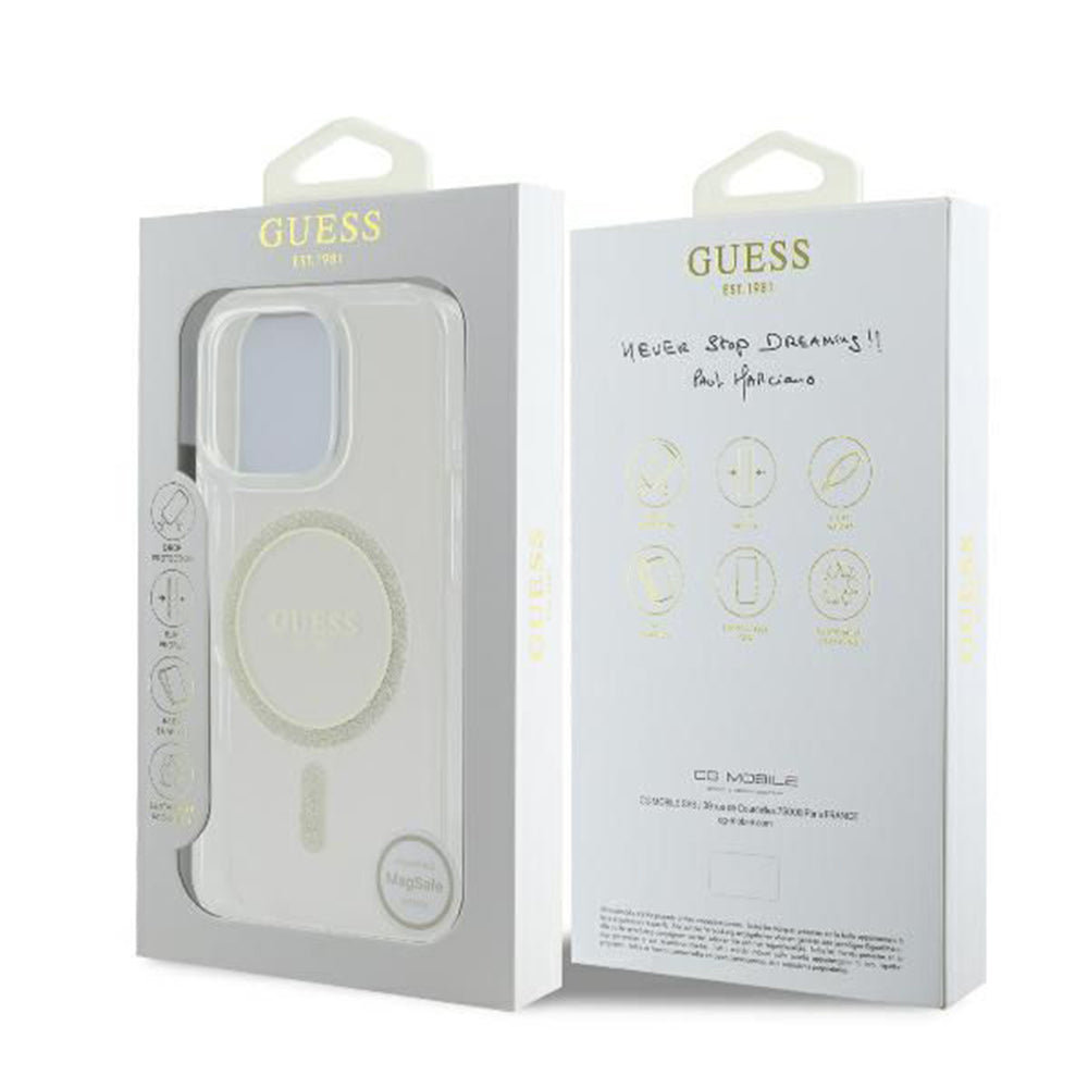 Husa MagSafe pentru Apple iPhone 16 Pro, Guess, IML Glitter Ring, Transparenta GUHMP16LHFGERET