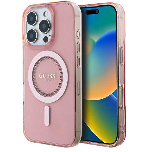 Husa MagSafe pentru Apple iPhone 16 Pro Max, Guess, IML Rhinestones Ring, Roz GUHMP16XPFTDTEP