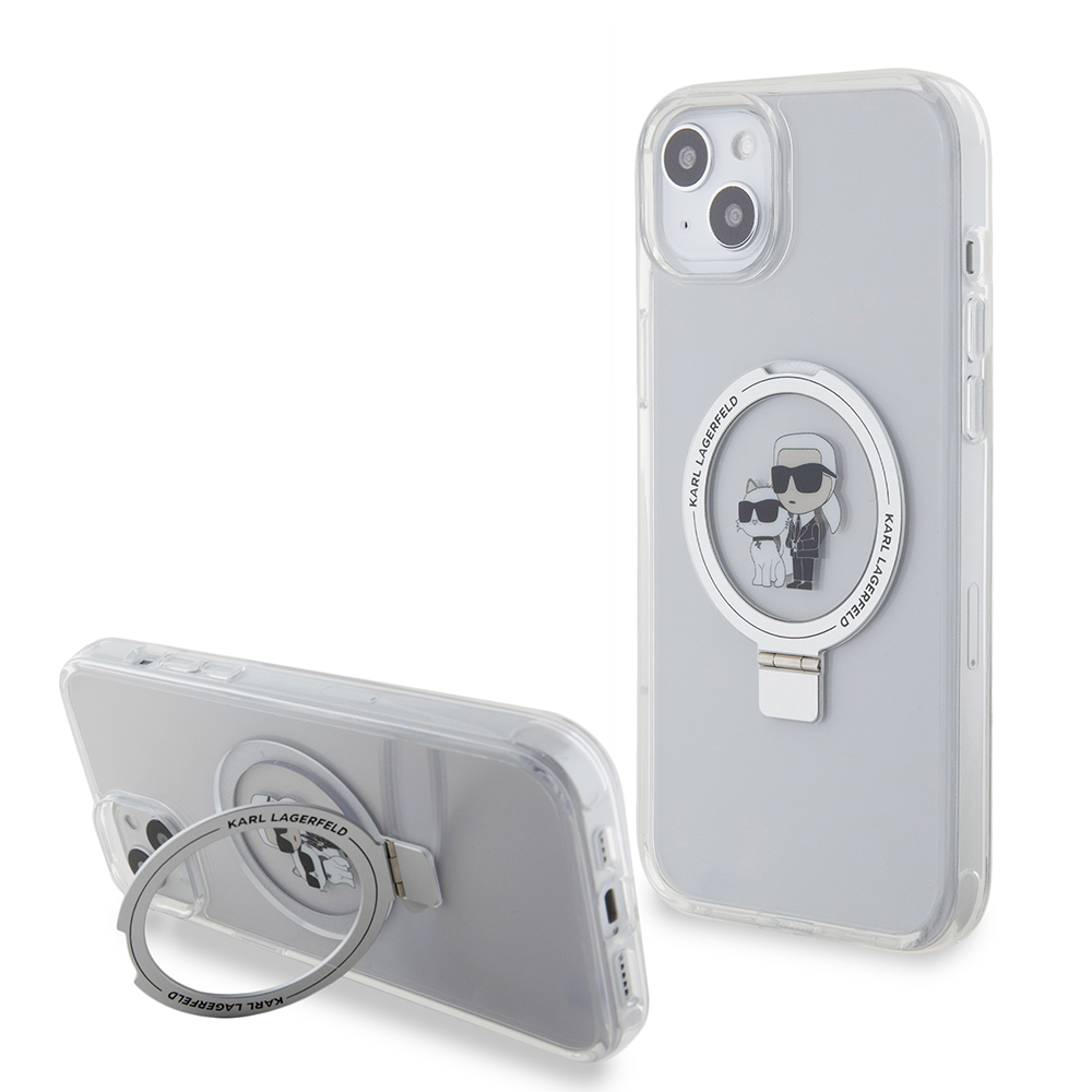 Husa MagSafe pentru Apple iPhone 15 Plus, Karl Lagerfeld, Ringstand Karl and Choupette, Alba, Resigilata