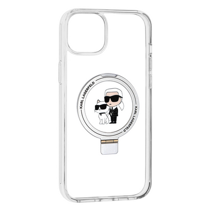 Husa MagSafe pentru Apple iPhone 15 Plus, Karl Lagerfeld, Ringstand Karl and Choupette, Alba, Resigilata