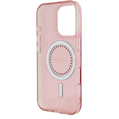 Husa MagSafe pentru Apple iPhone 16 Pro Max, Guess, IML Rhinestones Ring, Roz GUHMP16XPFTDTEP