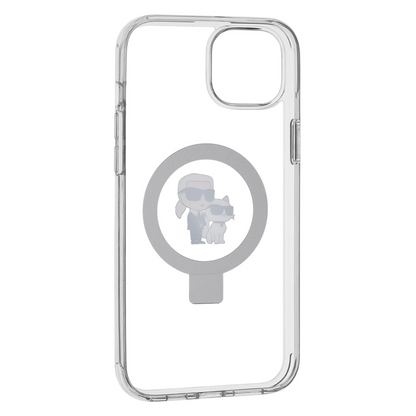 Husa MagSafe pentru Apple iPhone 15 Plus, Karl Lagerfeld, Ringstand Karl and Choupette, Alba, Resigilata
