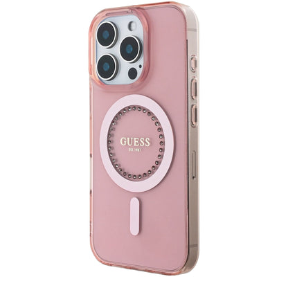 Husa MagSafe pentru Apple iPhone 16 Pro Max, Guess, IML Rhinestones Ring, Roz GUHMP16XPFTDTEP