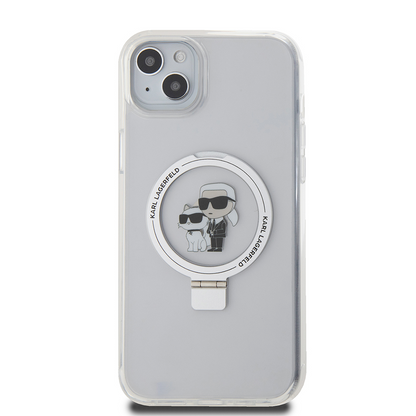 Husa MagSafe pentru Apple iPhone 15 Plus, Karl Lagerfeld, Ringstand Karl and Choupette, Alba, Resigilata