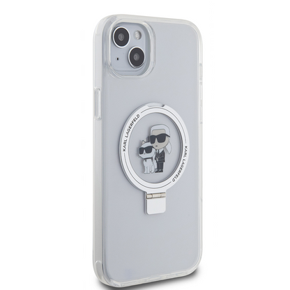 Husa MagSafe pentru Apple iPhone 15 Plus, Karl Lagerfeld, Ringstand Karl and Choupette, Alba, Resigilata