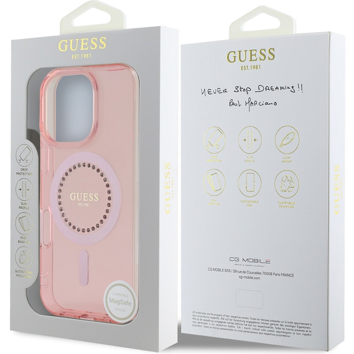 Husa MagSafe pentru Apple iPhone 16 Pro Max, Guess, IML Rhinestones Ring, Roz GUHMP16XPFTDTEP