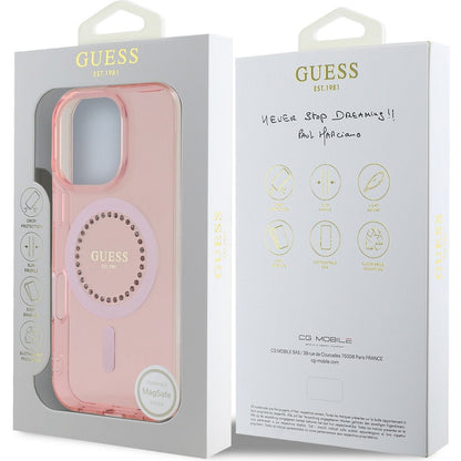 Husa MagSafe pentru Apple iPhone 16 Pro Max, Guess, IML Rhinestones Ring, Roz GUHMP16XPFTDTEP