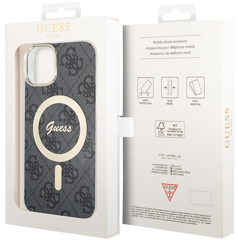 Husa MagSafe pentru Apple iPhone 15, Guess, 4G IML, Neagra GUHMP15SH4STK
