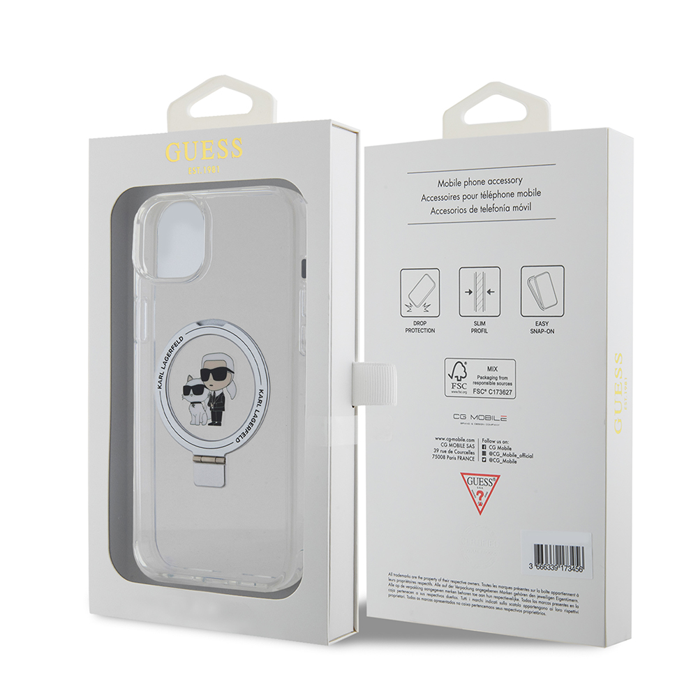 Husa MagSafe pentru Apple iPhone 15 Plus, Karl Lagerfeld, Ringstand Karl and Choupette, Alba, Resigilata