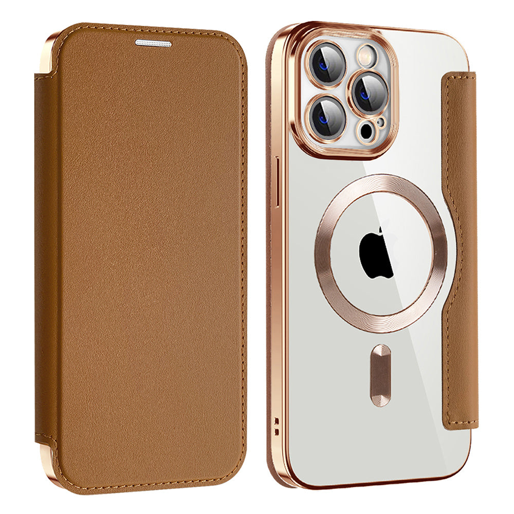 Husa MagSafe pentru Apple iPhone 13 Pro Max, Techsuit, SmartMag Book, Maro