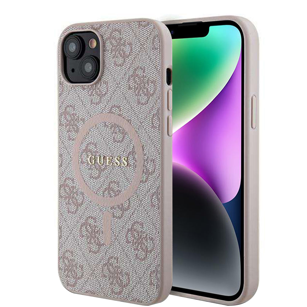 Husa MagSafe pentru Apple iPhone 14, Guess, 4G Ring Classic Logo, Roz