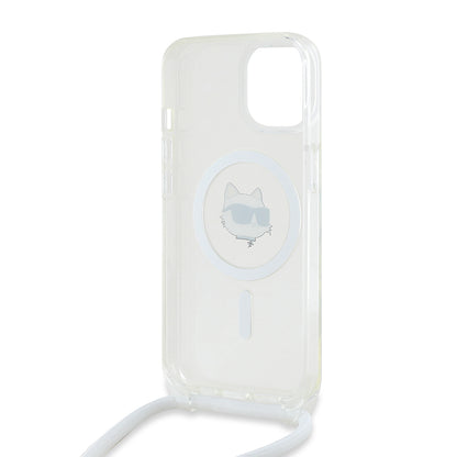 Husa MagSafe pentru Apple iPhone 14, Karl Lagerfeld, IML Crossbody Choupette's Head with Strap, Transparenta