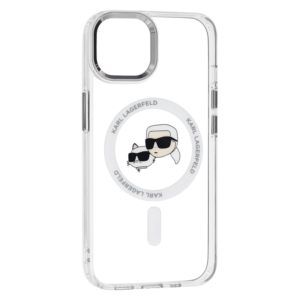 Husa MagSafe pentru Apple iPhone 14, Karl Lagerfeld, IML Metal Karl & Choupette's Heads, Alba