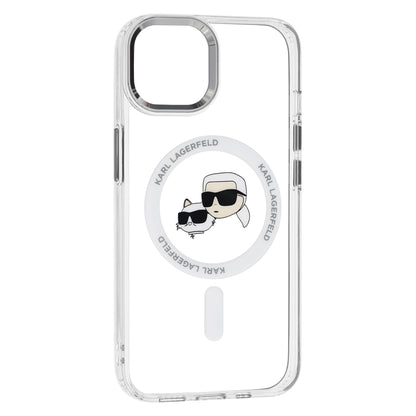 Husa MagSafe pentru Apple iPhone 14, Karl Lagerfeld, IML Metal Karl & Choupette's Heads, Alba