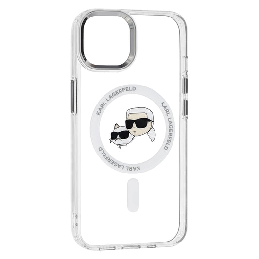 Husa MagSafe pentru Apple iPhone 14, Karl Lagerfeld, IML Metal Karl & Choupette's Heads, Alba