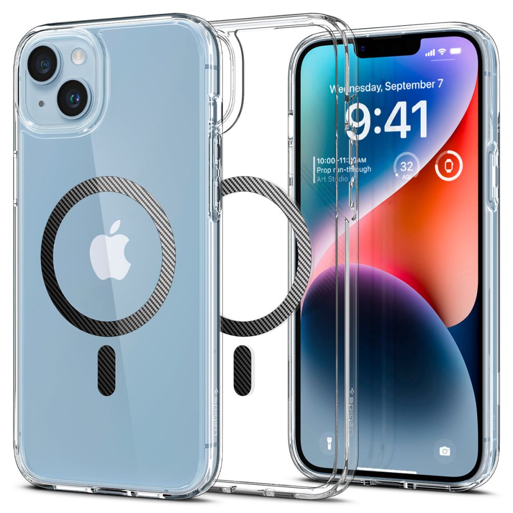 Husa MagSafe pentru Apple iPhone 14 Plus, Spigen, Ultra Hybrid Carbon, Transparenta