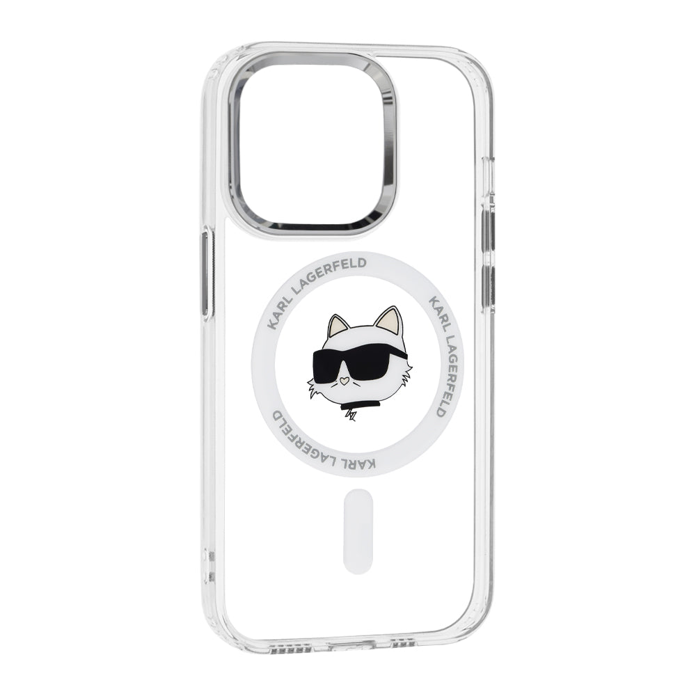 Husa MagSafe pentru Apple iPhone 14 Pro, Karl Lagerfeld, IML Metal Choupette's Head, Alba