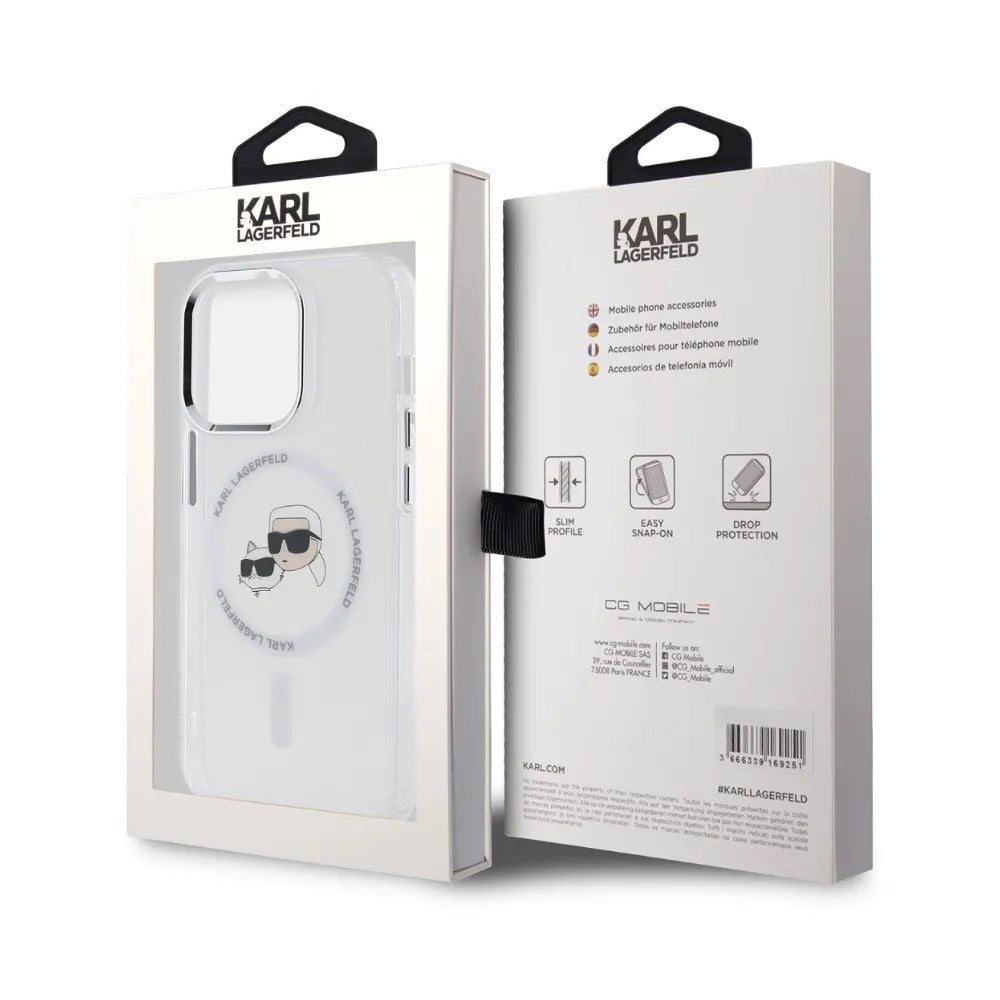 Husa MagSafe pentru Apple iPhone 14 Pro, Karl Lagerfeld, IML Metal Karl & Choupette's Heads, Alba