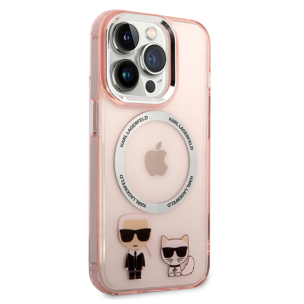 Husa MagSafe pentru Apple iPhone 14 Pro, Karl Lagerfeld, Karl & Choupette Aluminium, Roz