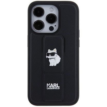 Husa MagSafe pentru Apple iPhone 14 Pro, Karl Lagerfeld, Saffiano Gripstand Choupette, Neagra