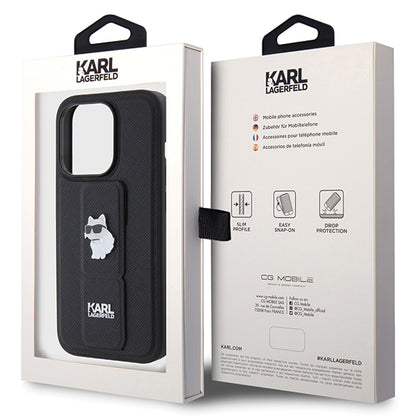 Husa MagSafe pentru Apple iPhone 14 Pro, Karl Lagerfeld, Saffiano Gripstand Choupette, Neagra