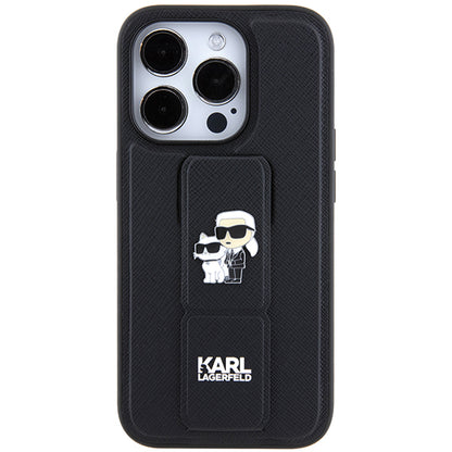 Husa MagSafe pentru Apple iPhone 14 Pro, Karl Lagerfeld, Saffiano Gripstand Karl & Choupette, Neagra