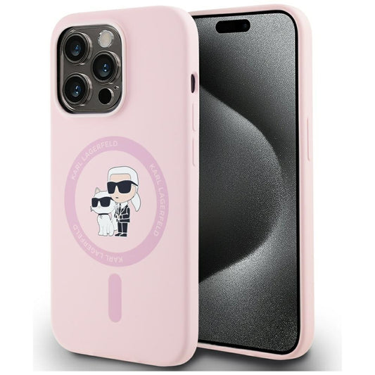 Husa MagSafe pentru Apple iPhone 14 Pro, Karl Lagerfeld, Silicone Karl & Choupette, Roz