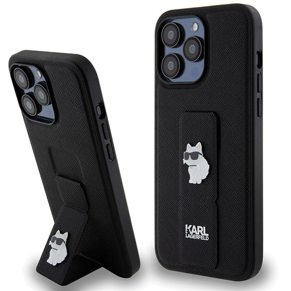 Husa MagSafe pentru Apple iPhone 14 Pro Max, Karl Lagerfeld, Saffiano Gripstand Choupette, Neagra